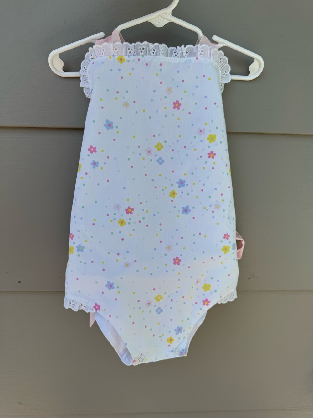 The Beaufort Bonnet Company White Floral Lace Baby Romper with Pastel Flowers